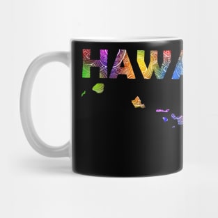 Colorful mandala art map of Hawaii with text in multicolor pattern Mug